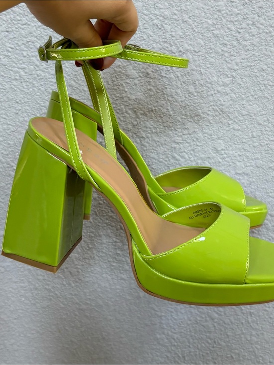BAMBOO Shoes - BAMBOO Neon Lime Patent Platform Block Heels with Ankle Strap